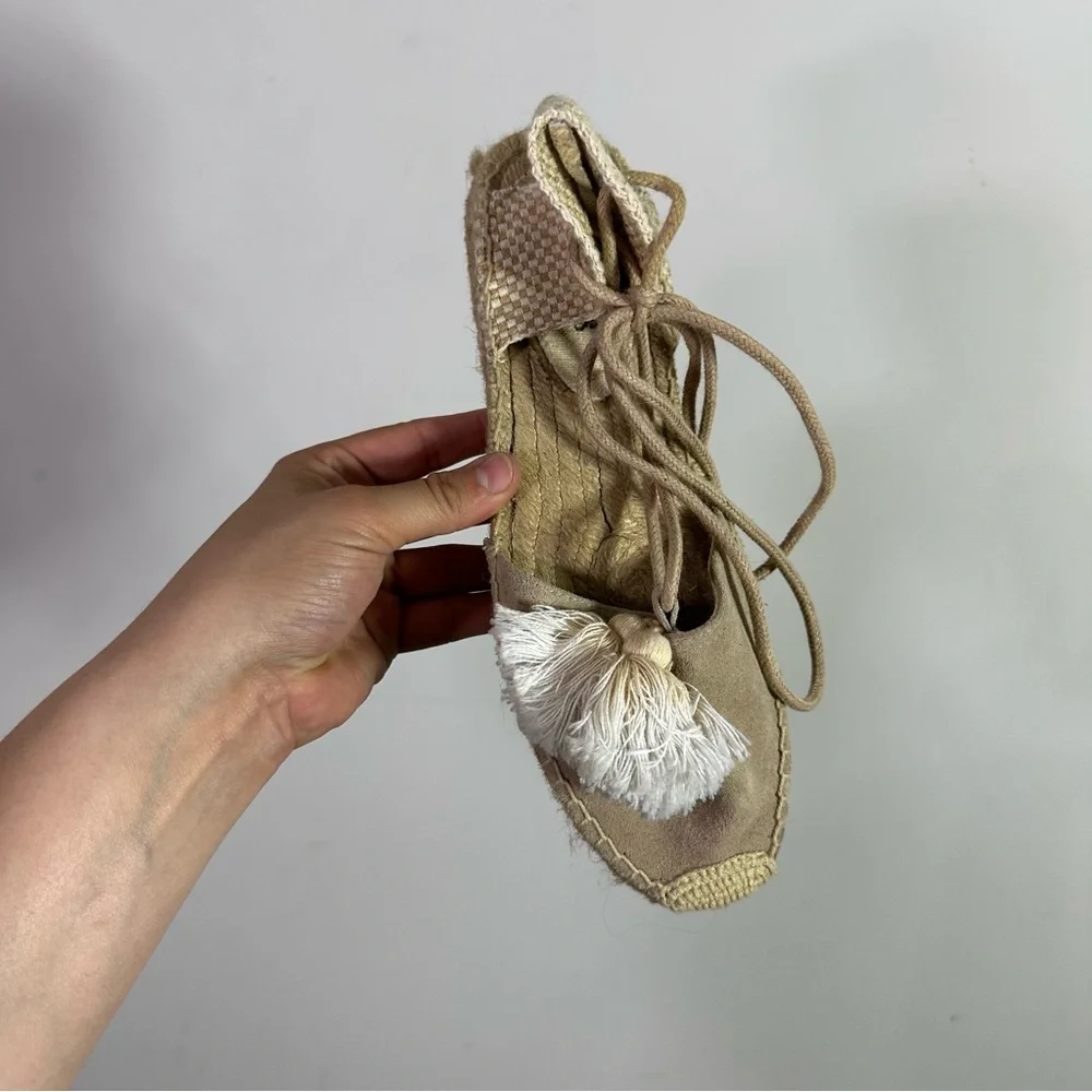 Soludos The Lauren Lace Up Espadrille Light Tan Ivory Tassel Closed Toe Shoes